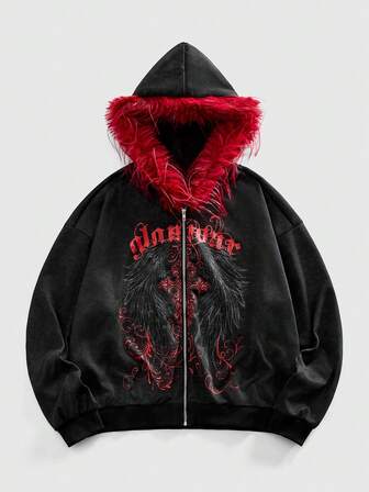 Goth Felpa con cappuccio casual da uomo con chiusura lampo e bordo in pelliccia sintetica di colore scuro, autunnale