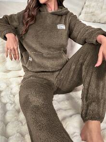 Lazeform 女士纯色简约休闲抓绒连帽衫和裤子家居服套装，舒适保暖，棕色蓬松睡衣套装，棕色睡衣套装，咖啡色蓬松睡衣舒适套装，冬季服装 - 摩卡棕 - 查看 6