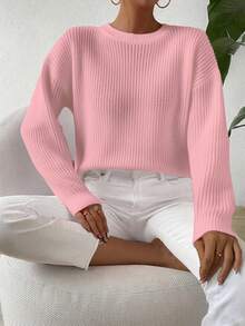 SHEIN LUNE Women's Casual Baby Pink Rib-Knit Round Neck Drop Shoulder Long Sleeve Regular Pullover Sweater - Baby Pink - View 5