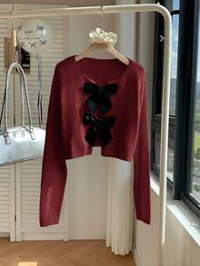 Comfortcana Plus Size Crew Neck Bow Contrast Color Casual Cardigan, Autumn/Winter