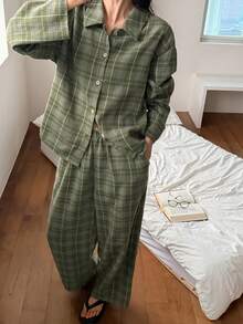 DAZY Plaid Loose Fit Shirt & Pants 2 Pieces Pajama Set For Women - Army Green - View 3