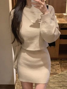 DAZY 秋冬法式性感斜肩修身长袖紧身针织连衣裙 - 卡其色 - 查看 7