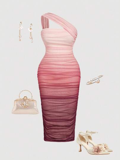 SHEIN MOD Plus Size Girl's Pink Tie Dye Ruched Bodycon Dress, Elegant Asymmetric Shoulder Dress, Party/Event Dress Valentine's Day Outfit