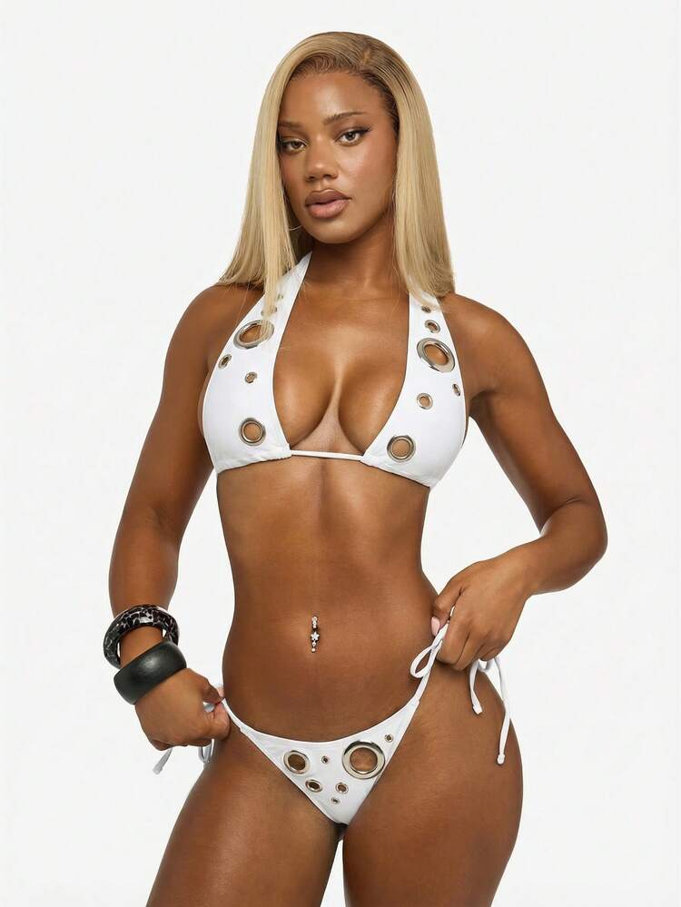 SUMWON WOMEN Halter Eyelet Bikini Set With Metallic Details