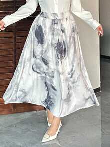 Dazy Plus Elastic Waist Ink Painting Asymmetrical Print Loose A-Line Skirt, Elegant - Apricot - View 1