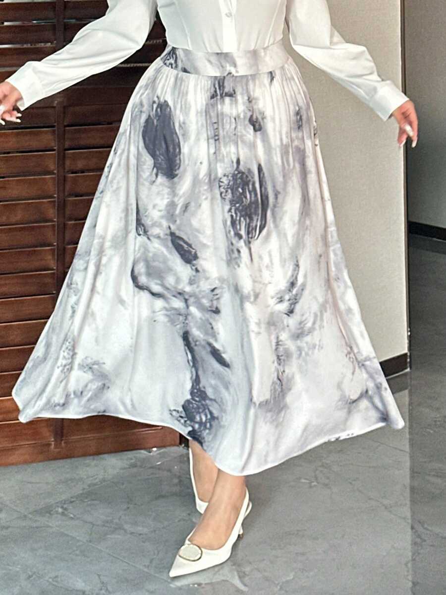 Dazy Plus Elastic Waist Ink Painting Asymmetrical Print Loose A-Line Skirt, Elegant - Apricot - View 1