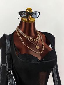 Amplova 2pcs Set Lace Lingerie & Mesh Sheer T-Shirt, Women Top - Black - View 1