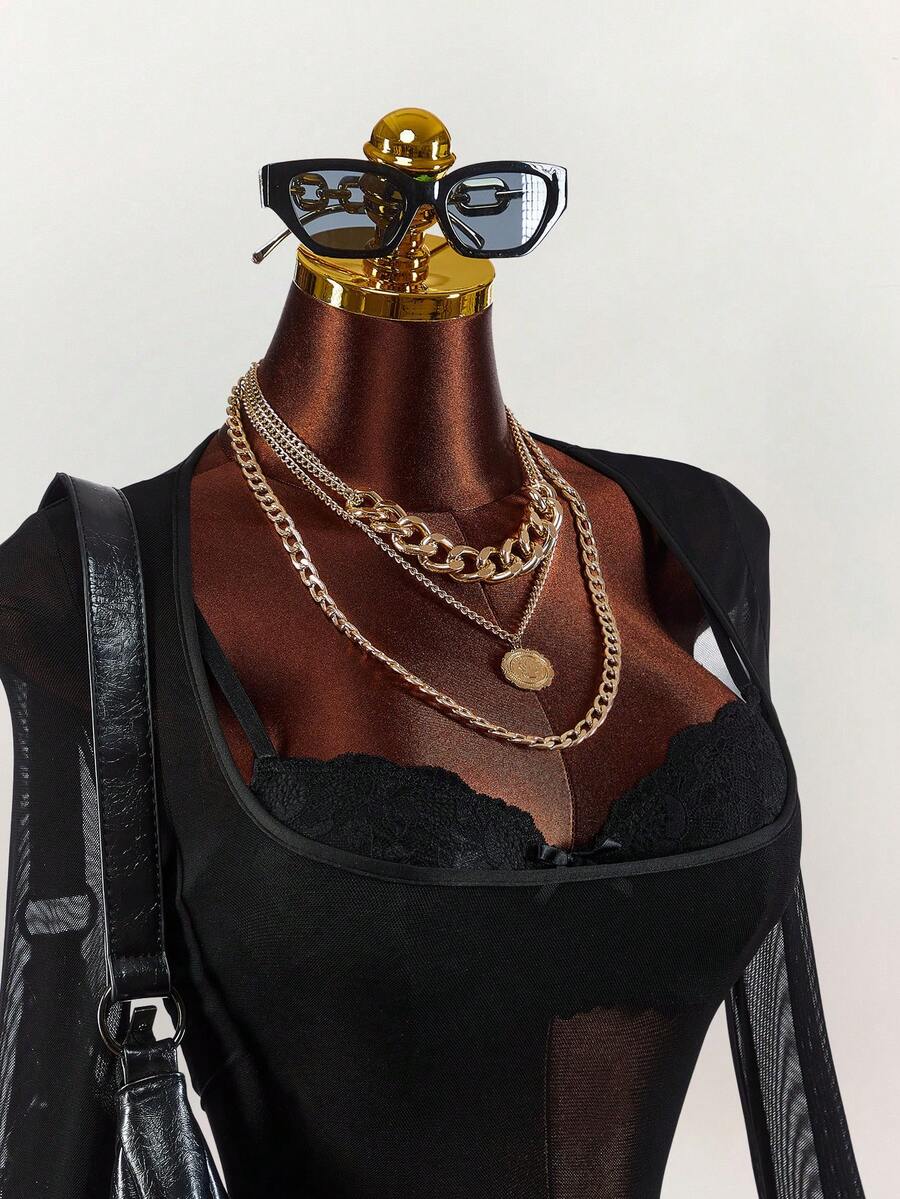 Amplova 2pcs Set Lace Lingerie & Mesh Sheer T-Shirt, Women Top - Black - View 1