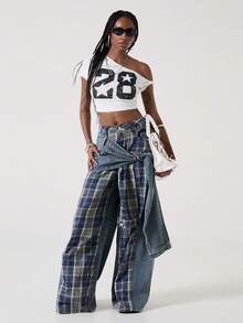 ROMWE J-Fashion Quần jean denim nữ phong cách retro punk đường phố, phối nhiều mảnh vải, buộc dây. - Màu xanh lam - Xem 2