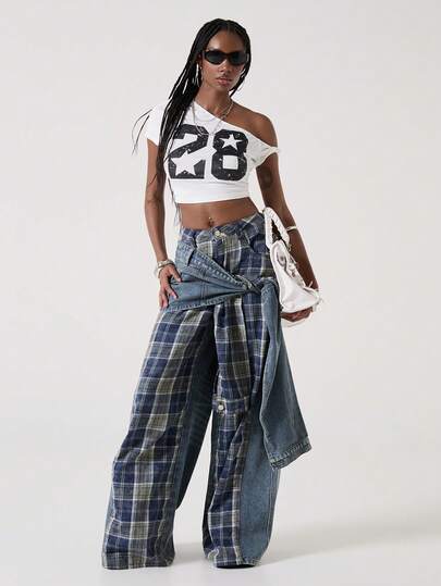 ROMWE J-Fashion Quần jean denim nữ phong cách retro punk đường phố, phối nhiều mảnh vải, buộc dây.