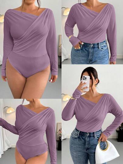 Firerie Plus Size Women Elegant Minimalist Chic Fashion Sexy Bodysuit, Suitable For Commute, Music Festival, Vacation, Asymmetric Neck, Draped, Stretchy Long Sleeve, Autumn/Winter