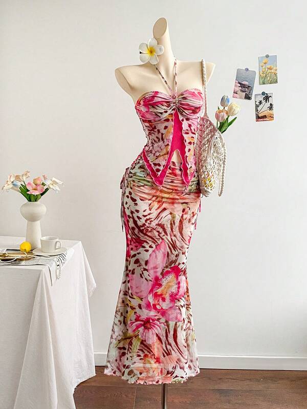 Soleia New Vacation Western Beach Wedding Guest Attire, Graduation Brunch, St. Patrick's Day, Spring Break, Easter, Music Festival, Elegant Bohemian Tropical Strapless Sleeveless Mesh Ruffle Hem Two Pieces Set