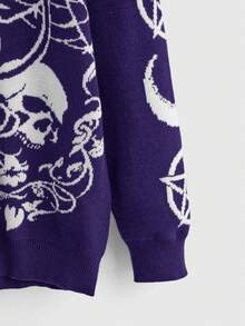 ROMWE Große Größen Gothic Loose Pullover Sweater mit Schwarz-Katzen, Schädel, Stern, Mond und Schlangen Intarsia Muster - Violett - Übersicht 3