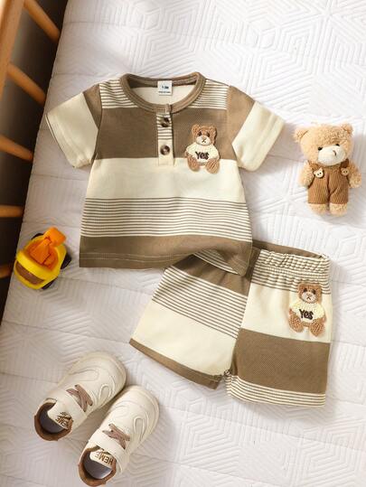 SHEIN Newborn Baby Boy Spring/Summer Outfit, Short Sleeve Top And Shorts Set, Adorable Bear Applique Decor, Comfortable And Cute Outfit For Little Ones Baby Boy Clothes Brown Mocha Baby Clothes