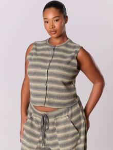 MUSERA Plus Striped Print Top-Stitching Tank Top - Multicolor - View 1