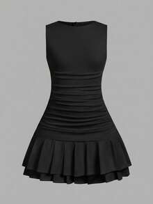 SHEIN Serisse Kids 少女休闲圆领无袖侧褶皱扎染吊带裙 - 黑色 - 查看 2