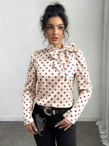 Rafferiza Áo kiểu nữ tay dài thanh lịch in hình trái tim, cổ buộc nơ, có khóa cài. - Nhiều màu - Xem 4