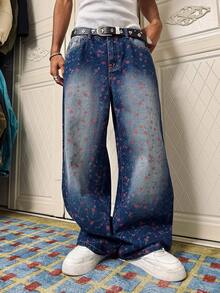 Manfinity Roghcode Quần jeans nam ống rộng, in họa tiết hoa, có túi và cúc cài, kiểu dáng thường ngày, phù hợp cho đi làm và đi chơi. - Rửa tối - Xem 5