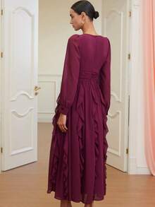 Revavyn 优雅迷人的女士V领腰部褶皱下摆荷叶边雪纺长袖连衣裙，高端约会、情人节之选 - 酒紅色 - 查看 6