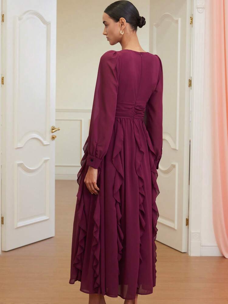 Aveloria Revavyn Vestido Longo de Manga Longa de Chiffon com Decote em V, Cintura Franzida e Bainha Plissada, Elegante e Charmoso para Mulheres, de Alta Qualidade para Encontros, Dia dos Namorados - Vinho - Visão 6