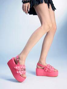 Sugerpunk Giày cao gót đế xuồng mũi tròn quai khóa cho nữ, chất liệu PU, màu hồng, thích hợp cho lễ tốt nghiệp, chụp ảnh, mặc thường ngày - Hồng - Xem 4