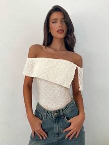 Aloruh Women's Fashion Textured Off Shoulder Asymmetrical Pleated Bodysuit,Off-White,Summer,Casual Sexy,Wedding,Solid Color,Elegant Everyday Beach - Apricot - View 7