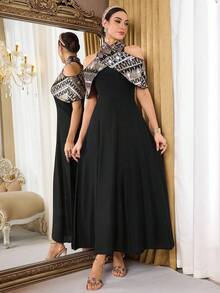 Al Najma Đầm nữ trễ vai thanh lịch kiểu vintage phối màu - màu đen - Xem 5