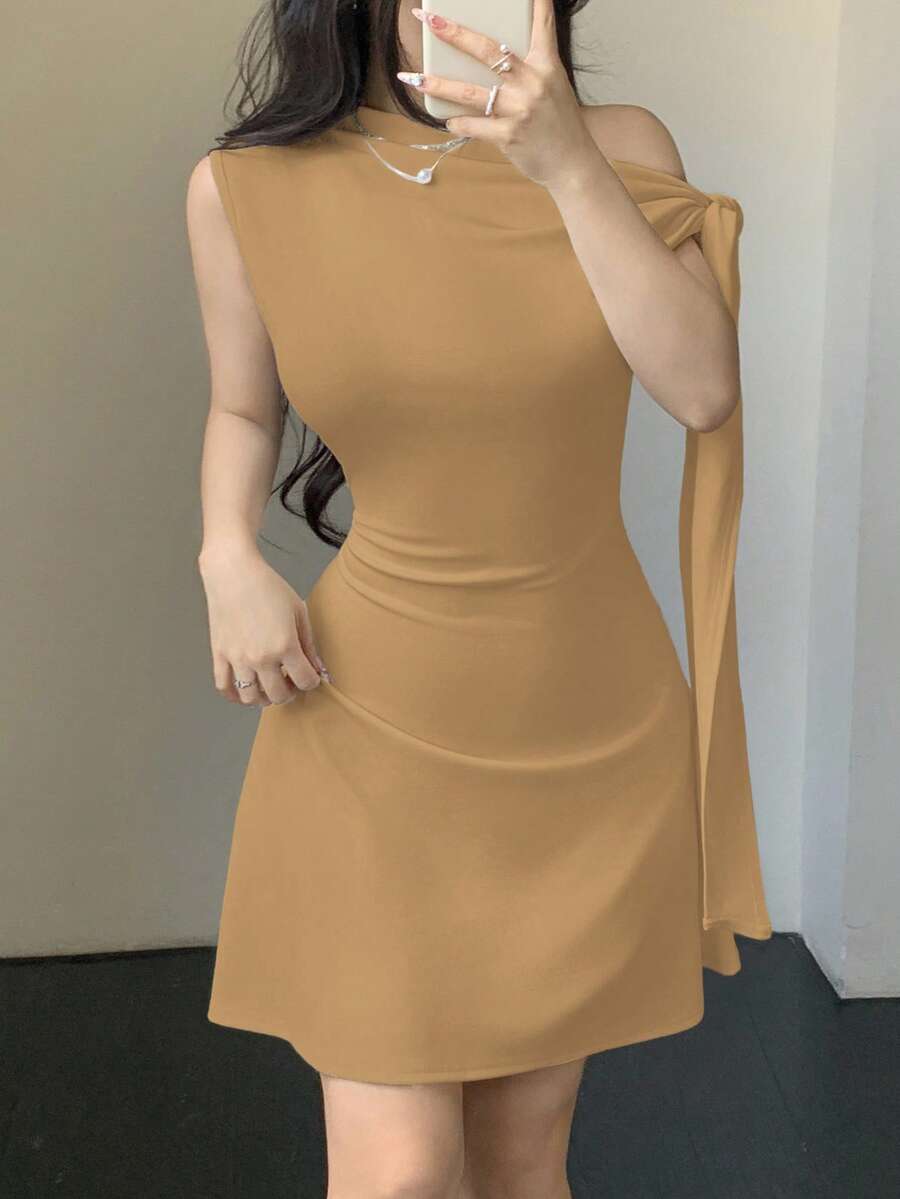 Celisse 女士不对称系带腰部短裙 - 駝色 - 查看 1