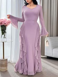 Feyla Vestido de mujer de unicolor elegante con mangas acampanadas y volantes en el bajo - Morado - Ver 1