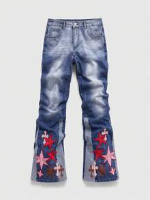 ROMWE MEN Men's Cross & Floral Embroidered Color Block Fashion Jeans - Blue - View 1