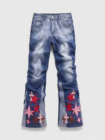 Herren Jeans mit Kreuz- und Blumenstickerei in Farbblock
