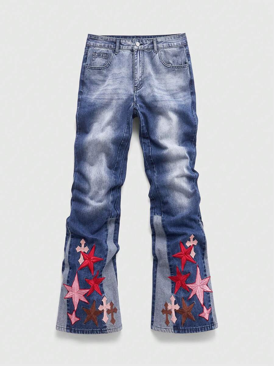 ROMWE MEN Men's Cross & Floral Embroidered Color Block Fashion Jeans - Blue - View 1