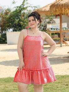 SHEIN EZwear Plus Size Red & White Plaid Loose Vacation Strap Dress, Spring - Red and White - View 4