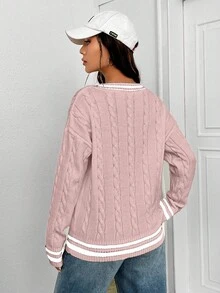 Contrast Color V-Neck Dropped Shoulder Long Sleeve Twist Knit Sweater - Baby Pink - View 2