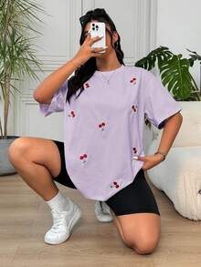 Solflare Plus Size Cherry Embroidery Casual Short Sleeve T-Shirt, Lavender, Summer Tops - Mauve Purple - View 3
