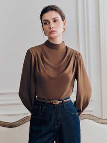 Anewsta Blusa de manga larga con diseño de cuello swing elegante y de alta calidad para mujeres - Café integral - Ver 5