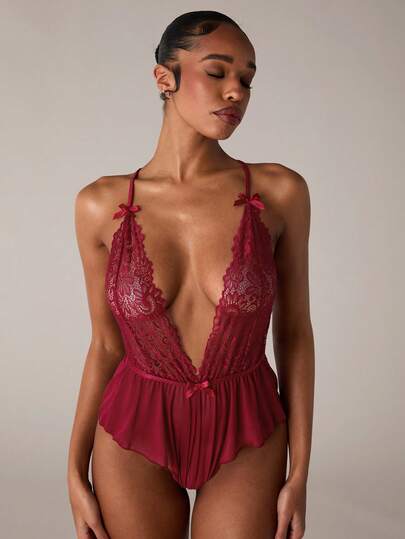SHEIN BAE 1pc Women's Floral Lace Bow Decor Sexy Bodysuit (Wireless)
