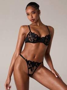 SHEIN BAE Embroidered Mesh Sexy Lingerie Set - Black - View 4