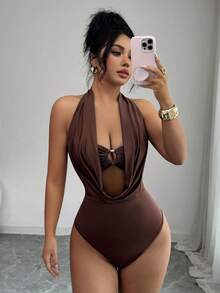 Elenzga 女士纯色垂褶领镂空连体衣 - 棕色 - 查看 2