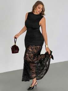 Auralis Plus-Size Spring/Summer Fashionable And Elegant Stretchy And Comfortable Party-Style Sleeveless Black Maxi Dress With Lace Hem,Bodycon,Summer Dresses,Wedding Guest Dress For Women - Black - View 1