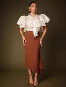 Vixey Sheer Organza Neck Bow Tie Pointed Collar Top - Apricot - View 4