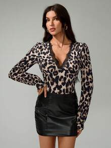 SHEIN Tall Leopard Print Lace V-Neck Long Sleeve Bodysuit For Women - Brown - View 3