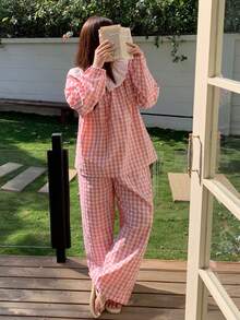 Dazy Plus 大码女士休闲格子睡衣套装，宽松拼接彼得潘领上衣和直筒裤，春秋季睡衣 - 粉色 - 查看 5