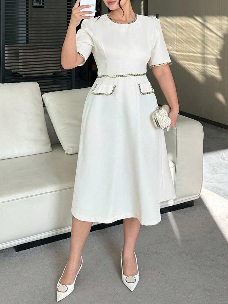 Dazy Plus Plus Size Color Block Patchwork Round Neck Faux Pocket Waist Cinched Elegant Long Sleeve Midi Dress, Suitable For Commuting Sundress