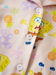 SpongeBob SquarePants | SHEIN Young Girl Cute Cartoon Pattern Long Sleeve Top And Pants Pajama Set, Comfortable - Yellow - View 3
