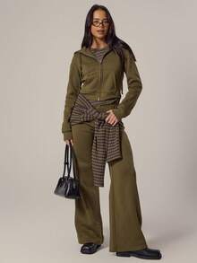 MUSERA Fitted Zip Through Hooded Jacket Top Top Spring, Girly, Day Outfits, Cute, Casual Sweet Pea - Army Green - View 5