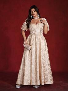 Viva Relle Valentine Plus Size Puff Sleeve Elegant Formal Dress, Graceful & Sweet For Banquet - Apricot - View 4