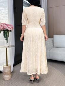Feyla Đầm ren dài ngang gối thanh lịch tay phồng ngắn cổ vuông dành cho nữ - Màu be - Xem 2