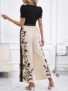 SHEIN Clasi 女士优雅度假风树叶印花系腰泡泡袖连体裤，夏季 - 彩色 - 查看 2