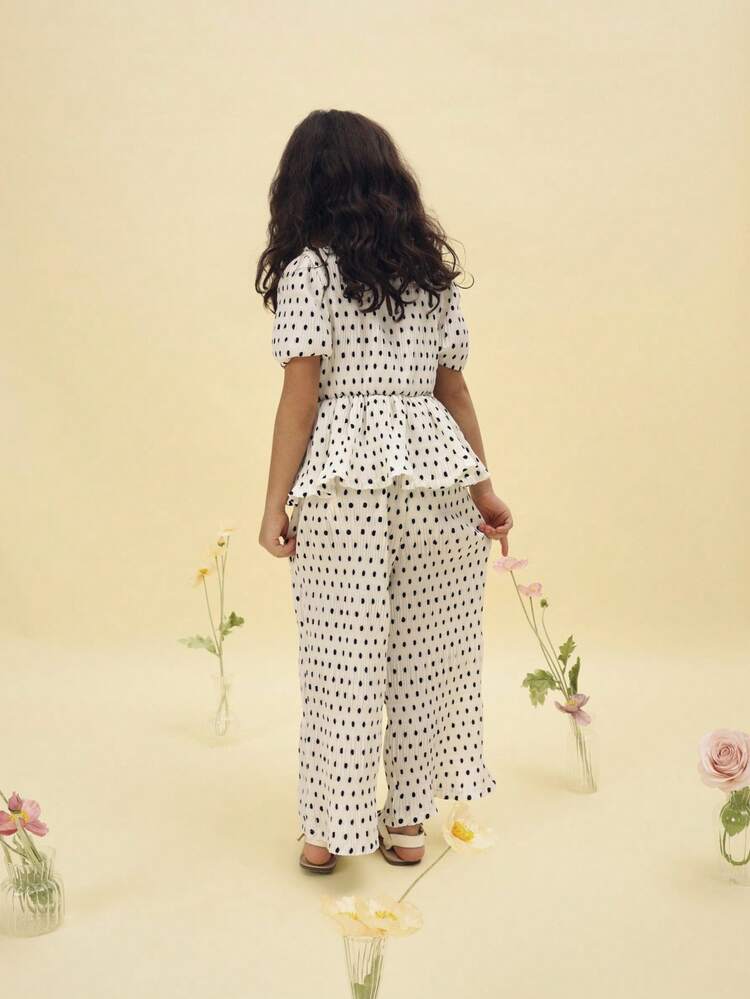 Polka Dot Top And Wide Leg Pants Set With Bow Details